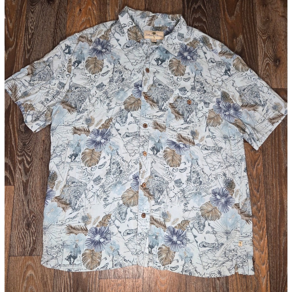 Island Shores Mens XL Rayon Hawaiian Shirt Nautical Map Tropical Floral Blue Tan